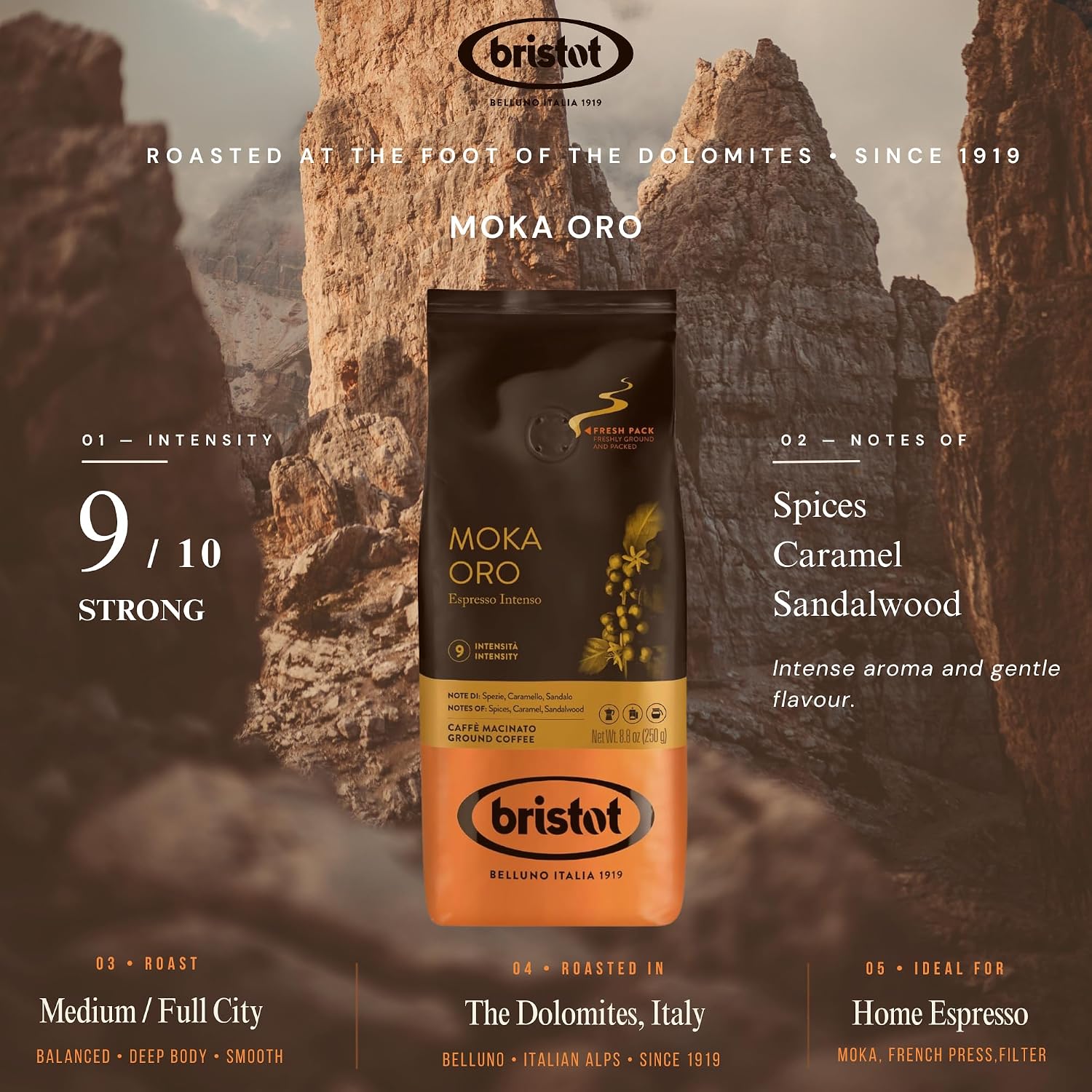 Bristot Espresso Cremoso Italiano Ground Coffee – Medium Roast, Rich & Smooth – 8.8oz (250g) Bag – Italian Ground Espresso for Home Machines