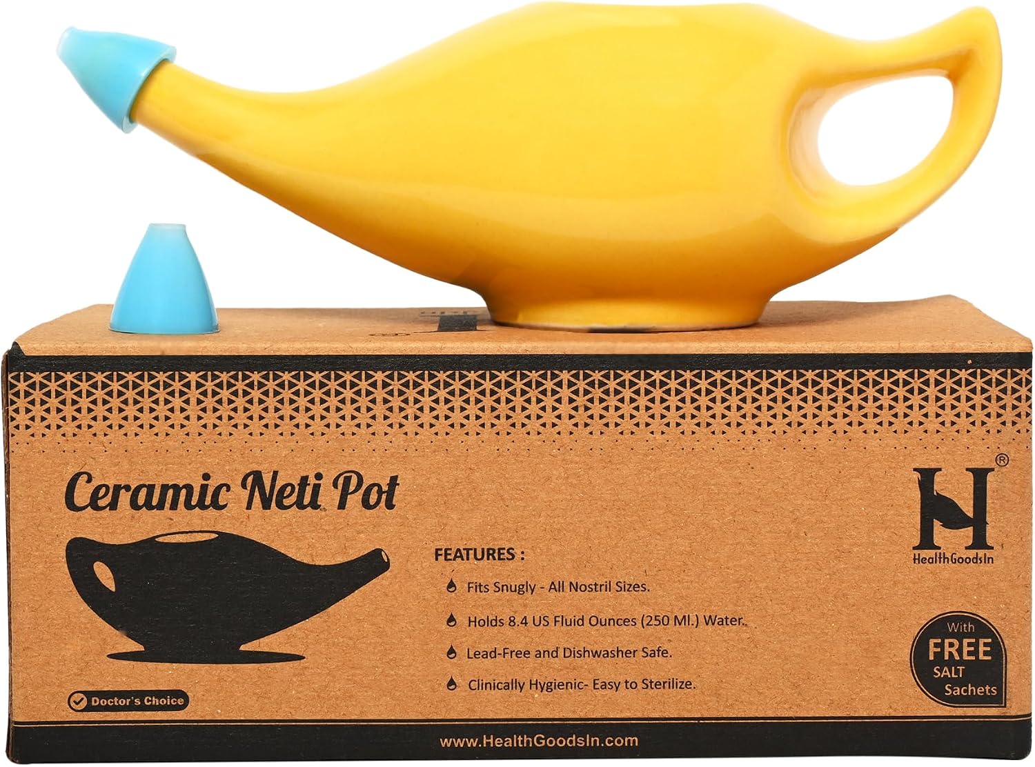 HealthGoodsIn Ceramic Neti Pot, Dishwasher Safe, Premium Handcrafted with 2 Silicone Nozzle and Salt for Sinus - 225 Ml. Capacity (Brown)