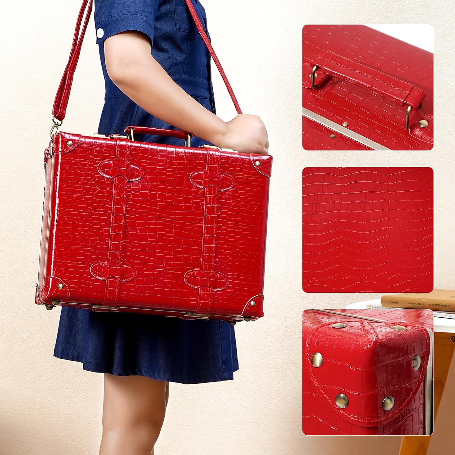 urecity Vintage and Cute Carry-on Overnight Case Non-wheeled Mini Leather Trunk Suitcase with Shoulder Strap