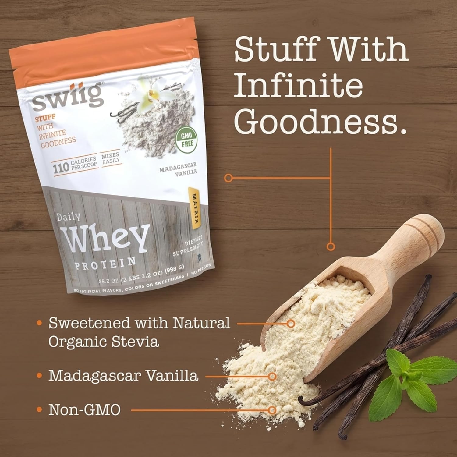 swiig Madagascar Vanilla Whey Protein Powder 20g Muscle Recovery 2.2 lb | Gluten-free, non-GMO daily nutrition supplement with digestive enzymes. Keto-friendly smoothie mix yields 35 servings.