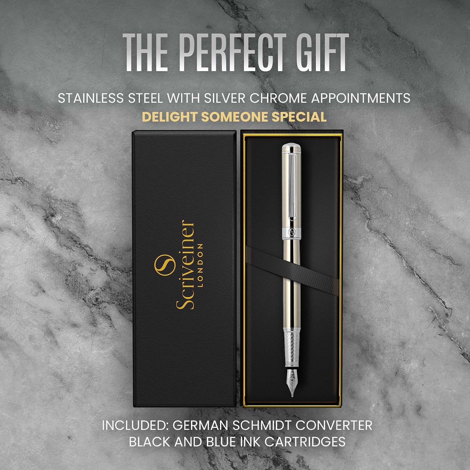 Scriveiner Silver Chrome Fountain Pen - Stunning Luxury Pen, Real Gold Finish Schmidt Gilded Nib (Medium), Best Pen Gift Set for Men & Women