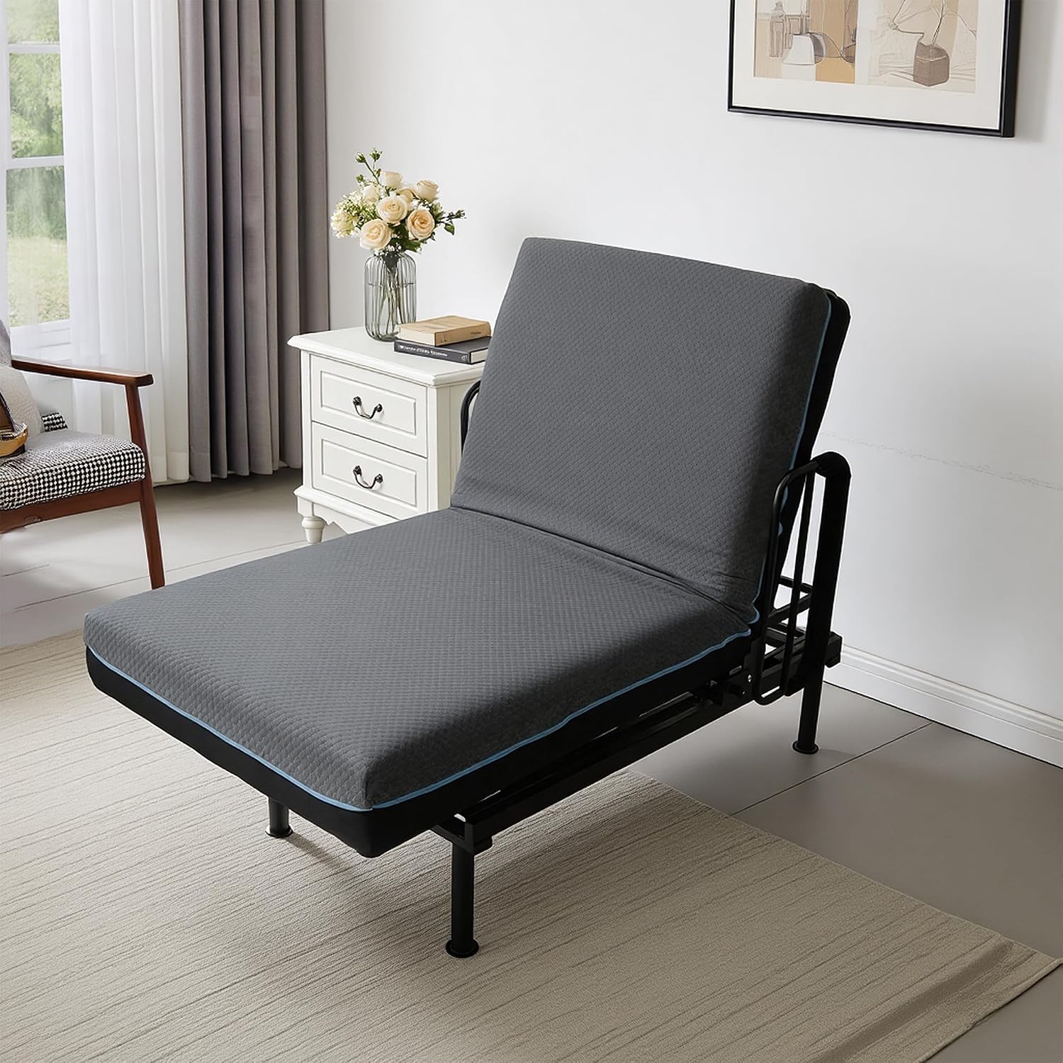 Electric Lift Bed for Elderly, Remote Control Adjustable Bed with 5.91" Mattress, Quiet Motor and Removable Tray, Zero Gravity Position Bed Frame Suitable for Hospital/Home Care