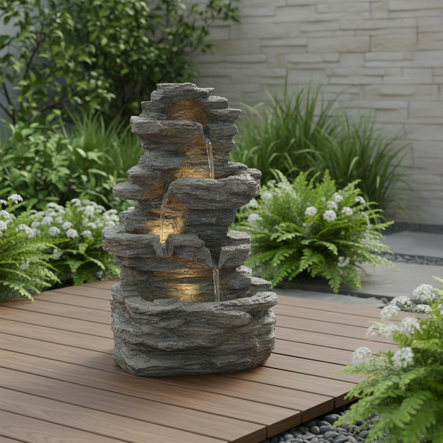 Tabletop Waterfall Fountain with Cascading Rock and LED Lights - Resin Tiered Stones for Office, Patio, and Home Decor by Pure Garden (Gray)