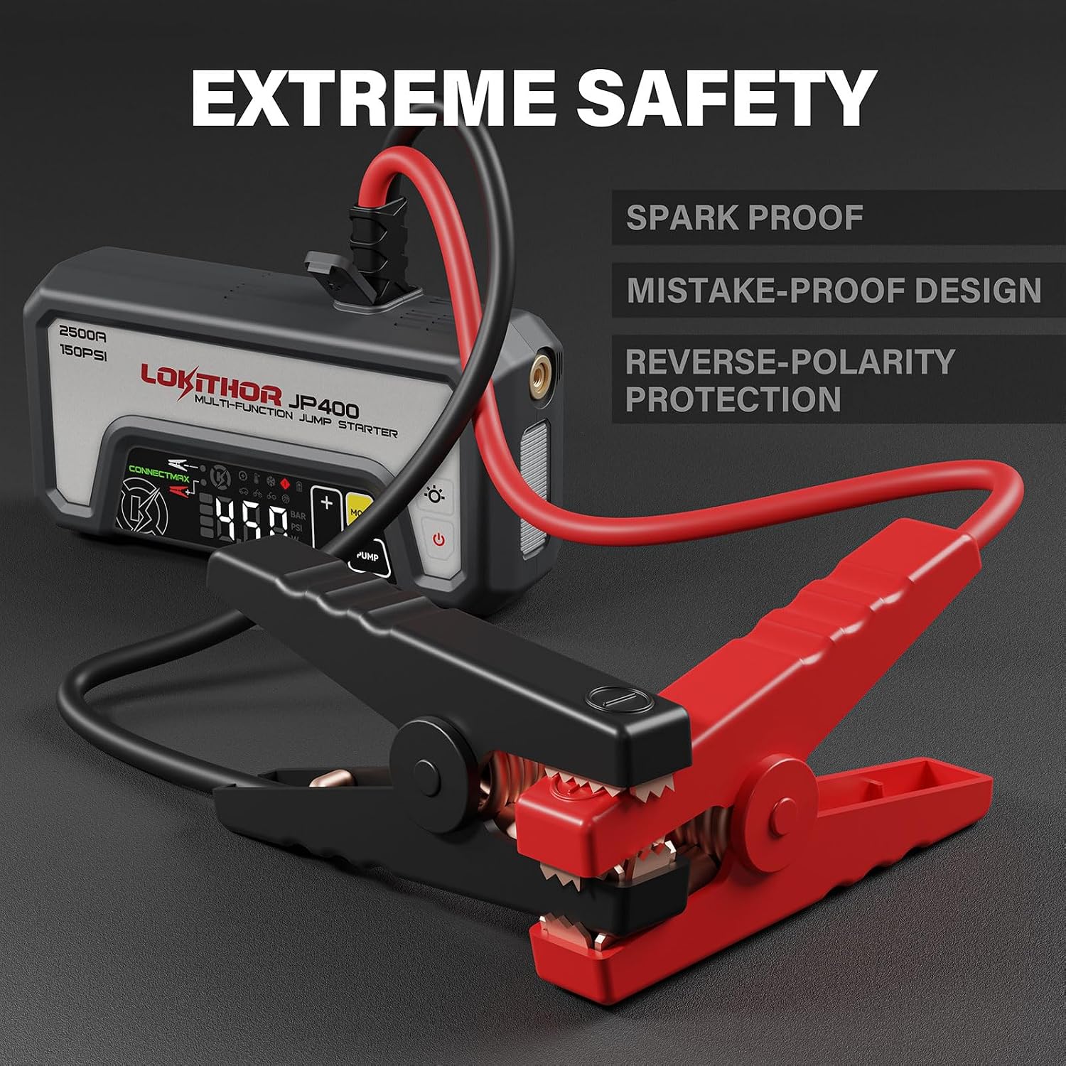 LOKITHOR JP400 Jump Starter with Air Compressor for 8.5L Gas/6.5L Diesel | 2500A 12V Portable Jumper Starter for Car, 150PSI Tire Inflator, 300 Lumen LED Light, Power Bank, ConnectMax, Jumper Cables