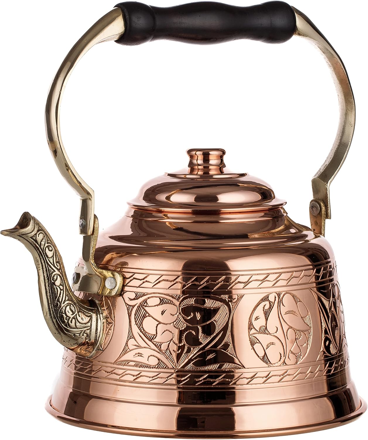 DEMMEX Heavy Gauge 1mm Thick Engraved Solid Copper Tea Pot Kettle Stovetop Teapot, Handmade (1.6-Quarts - Engraved)