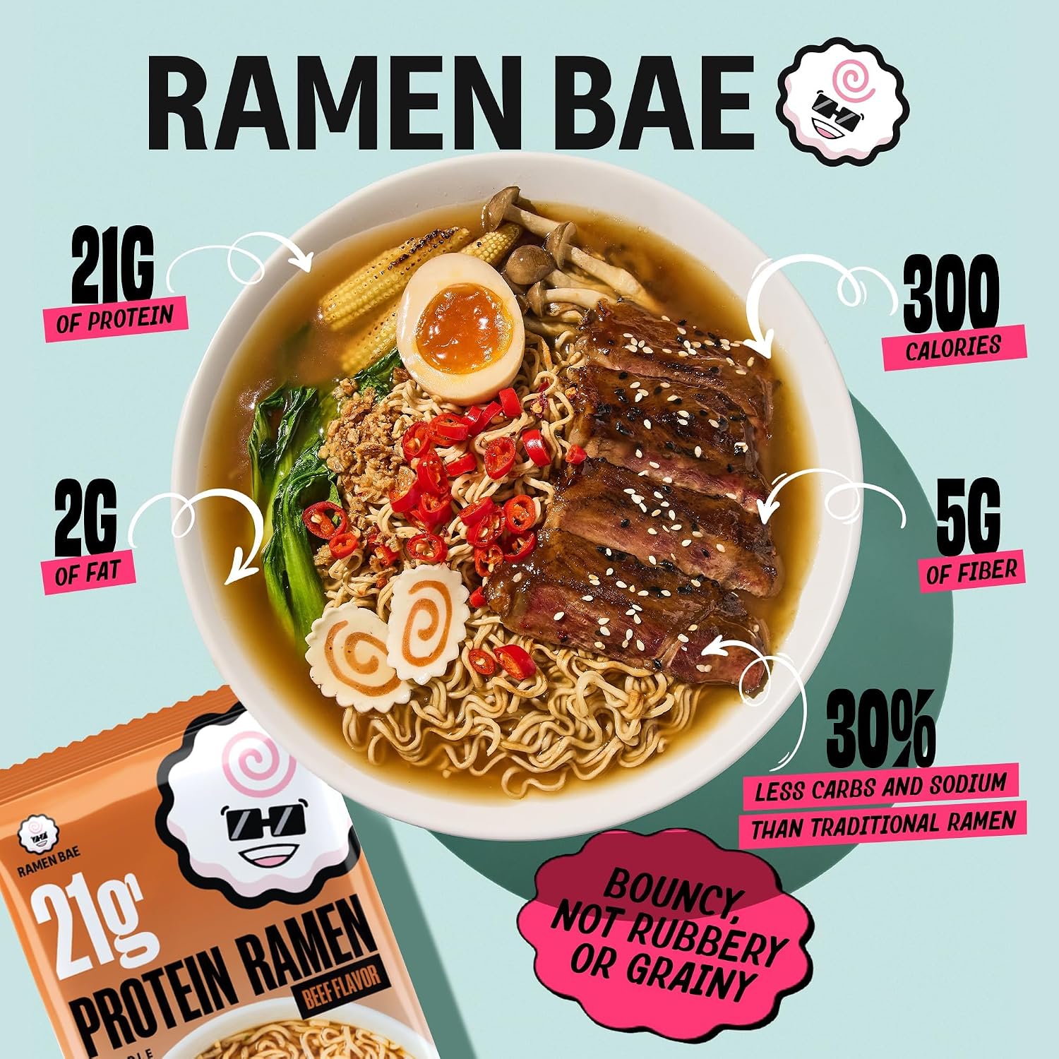 Ramen Bae Original Stir Fry Protein Noodles - 28g Protein, Garlic Soy | Air Dried Not Fried, Plant Based, Vegan Protein Noodles - Lower Carb & Fat - Savory & Bold with Hint of Spice (Pack of 6)