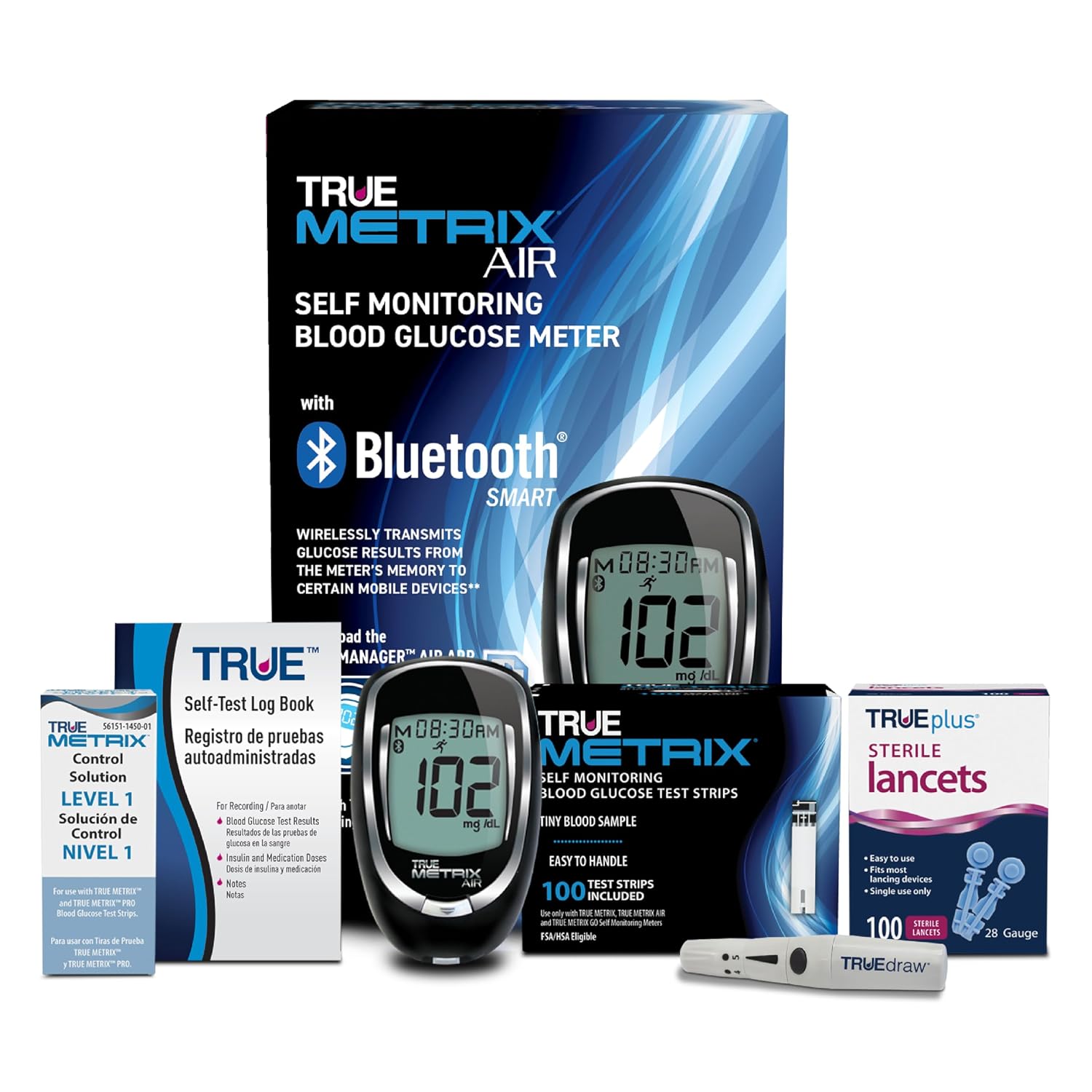 TRUE METRIX AIR Meter Kit, Glucose Monitor, Supplies, Log Book, Solution