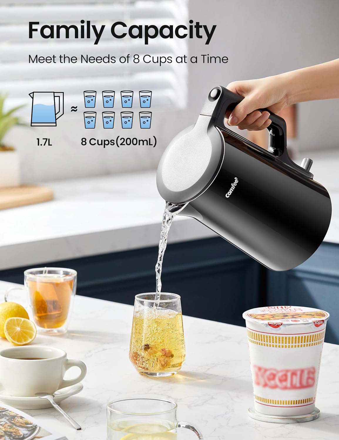 Comfee 1.7L Stainless Steel Electric Tea Kettle, BPA-Free Hot Water Boiler, Cordless with LED Light, Auto Shut-Off and Boil-Dry Protection