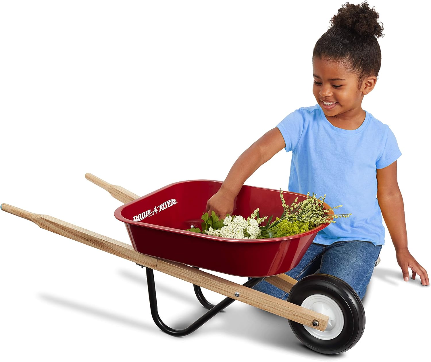 Radio Flyer Classic Kids Wheelbarrow, For Kids 3+, Seamless Steel Tray with No-Scratch Edges, Real Wooden Handles, Durable Front Wheel