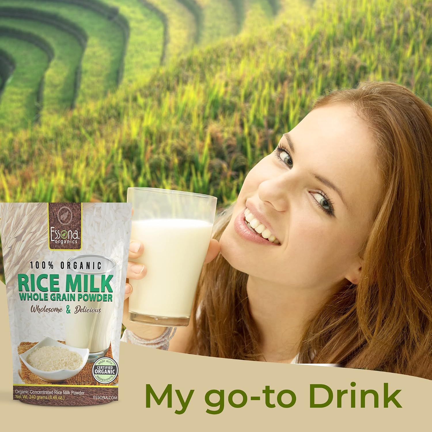 Raw Organic Rice Milk Powder from Essona Organics. Convenient re-sealable pouch. Now Larger Size 240 grams. New Package.