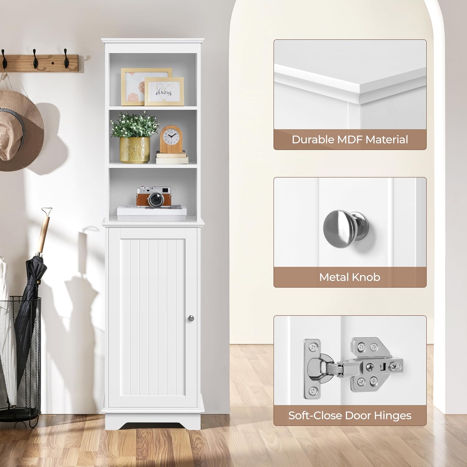 Yaheetech Tall Narrow Bathroom Storage Cabinet with Door and Shelves, White | Linen Closet for Towels, Toiletries and Laundry, Open Display Shelves