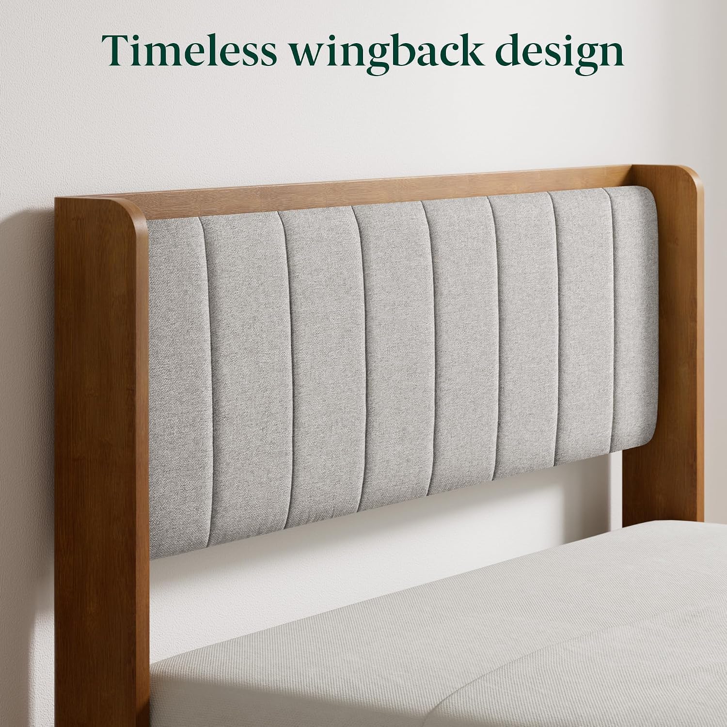 Zinus Jonas Bamboo Platform Bed Frame, Wingback Headboard, Queen | Mid-Century Modern Design, Plush Upholstered Comfort, Sustainable Bamboo, Fits Any Bedroom Style, No Box Spring Needed