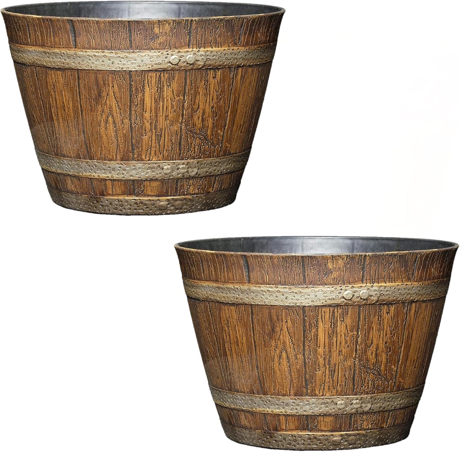 Classic Home and Garden Outdoor Round Whiskey Resin Flower Pot Barrel Planter, Distressed Oak Brown, 20.5" (Pack of 3)
