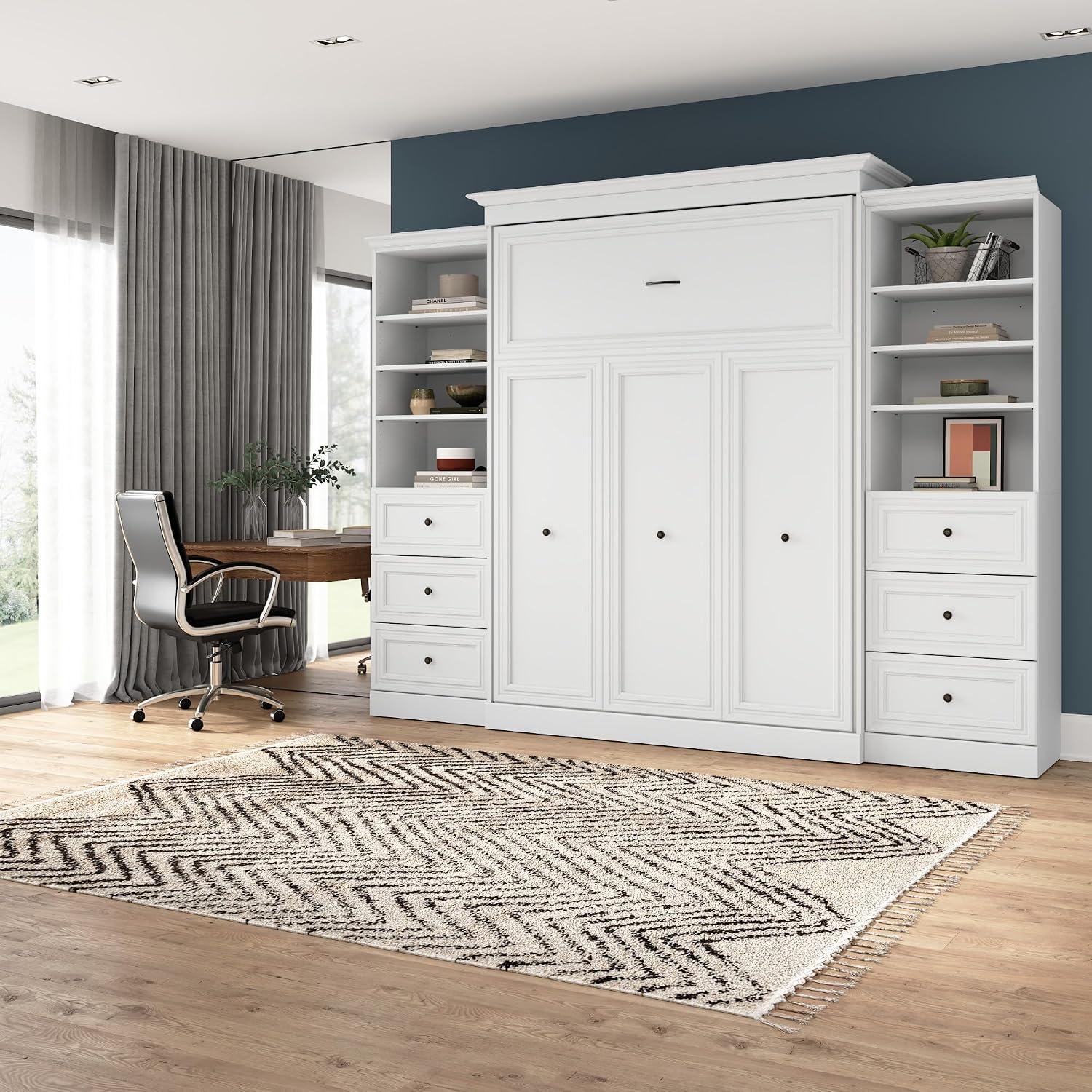 Bestar Versatile Queen Murphy Bed and 2 Closet Organizers with Drawers (115W) in White