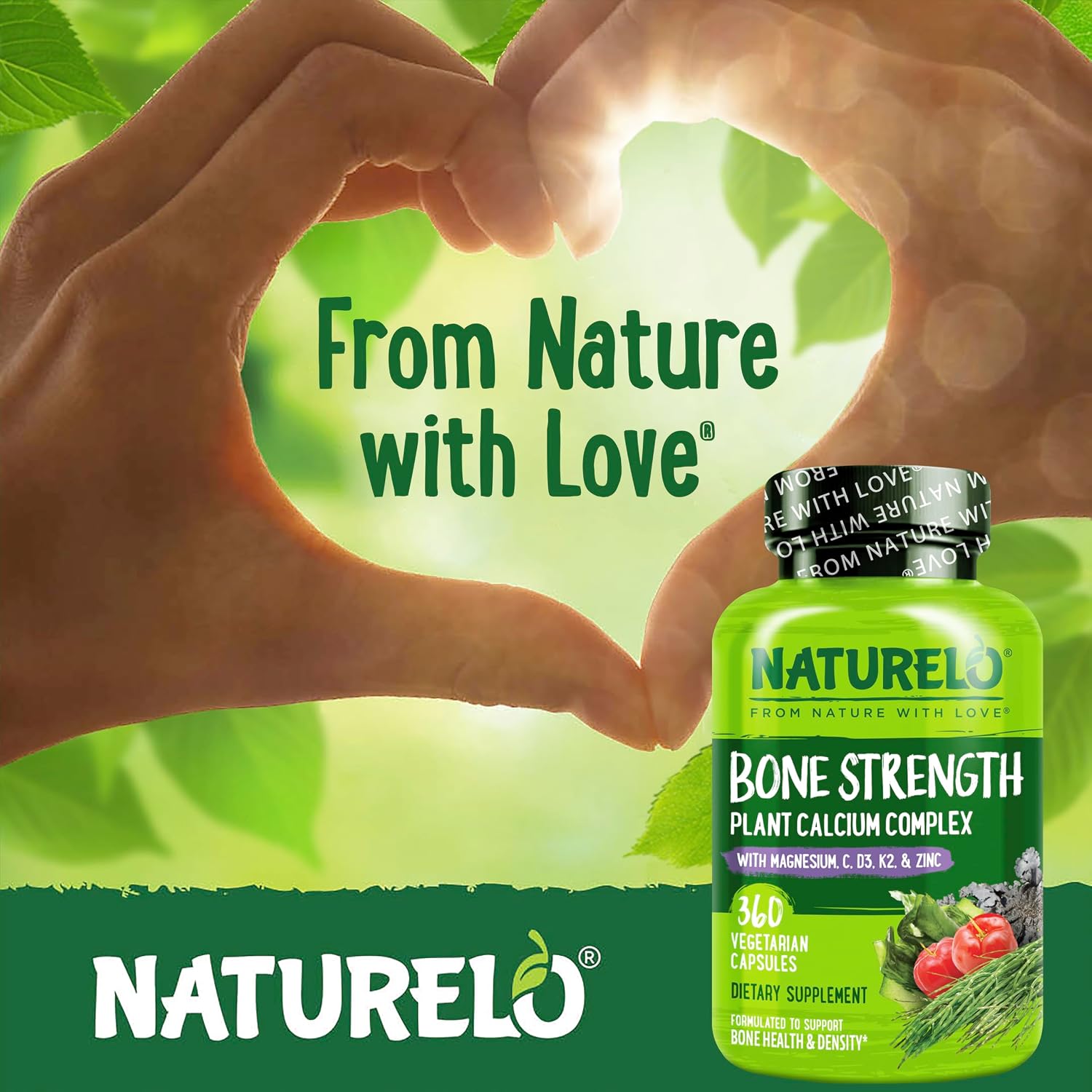 NATURELO Calcium Supplement with Vitamin C, D3, K2, 120 Vegetarian Capsules | Magnesium & Zinc for Bone Strength,Plant-Based Calcium 600mg , Non-GMO, Soy & Gluten-Free