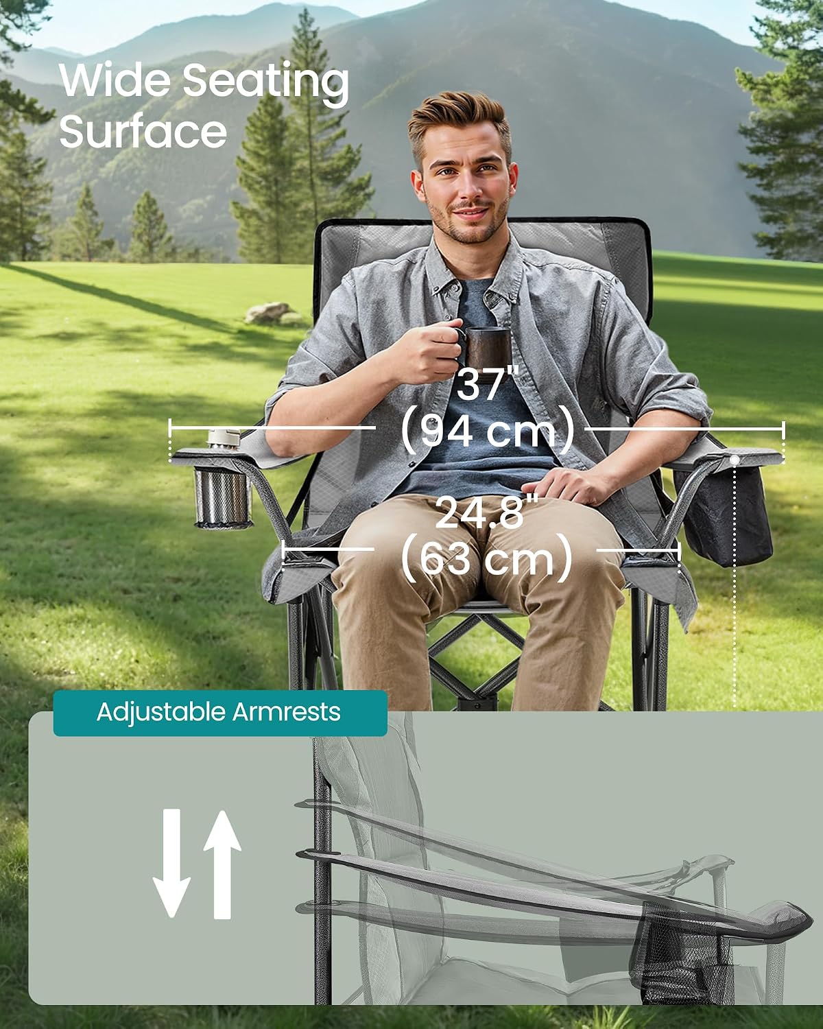 SONGMICS Folding Camping Chair, 450 lb Capacity | Folding lawn chair with cup holder and heavy-duty design, Ink Black, UGCB066B01