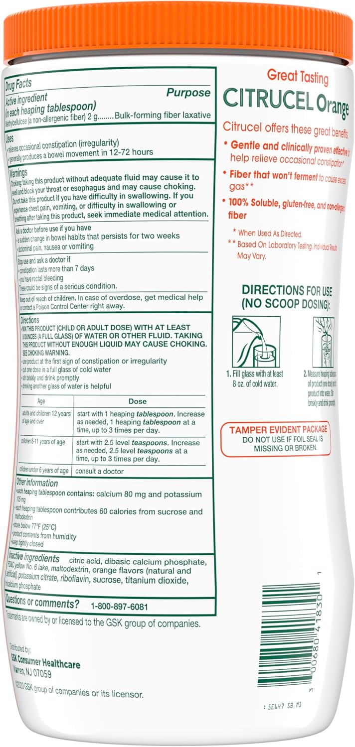 Citrucel Powder Fiber Therapy for Occasional Constipation Relief, 30 oz | Sugar Free, Methylcellulose Fiber Therapy for Irregularity That Won't Cause Gas, Orange Flavor