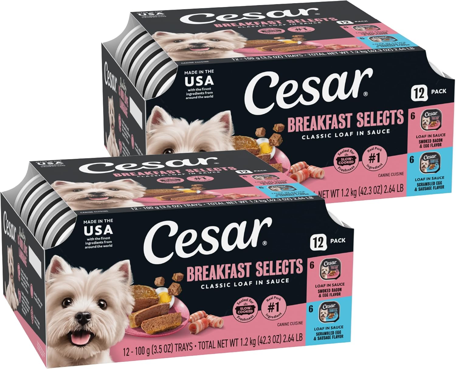 Cesar Classic Loaf Wet Dog Food, Meaty Selects, 3.5 oz, 12 Count, 2-Pack | Made in USA, Filet Mignon & Porterhouse Steak flavors, real beef #1 ingredient, no artificial flavors, easy peel trays