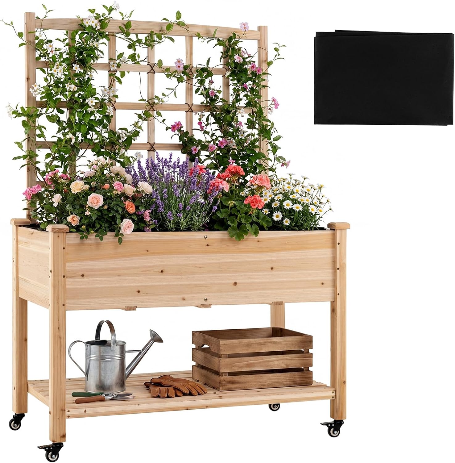 GIANTEX Raised Garden Bed on Wheels, Wood Planter Box with Legs, Liner, Drain Holes, Elevated Garden Bed for Vegetables