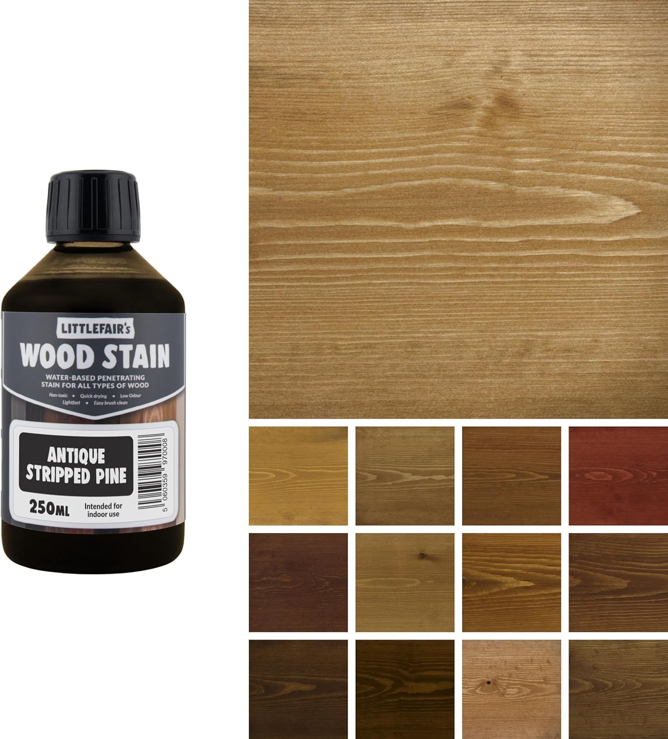 Littlefair's Wood Stain Water Based - 8.5oz/250ml - Indoor Furniture Stain Light & Dark Finishes - Special Non Toxic & Eco Friendly Formula - Wood Stain for Crafts - Color: Antique Stripped Pine