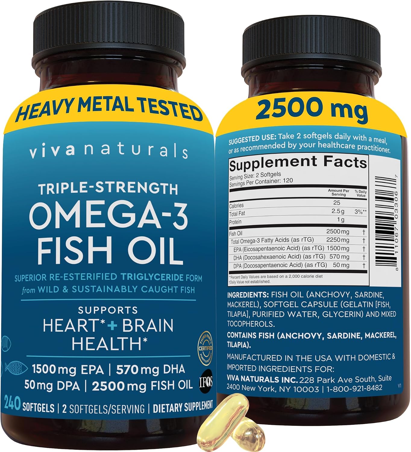 Viva Naturals Triple Strength Omega 3 Fish Oil Pills – 2500 mg High-Potency Formula with 2250 mg Omega 3 Fatty Acids (Including EPA, DHA, DPA) in rTG Form for Absorption – IFOS Certified, 90 Softgels