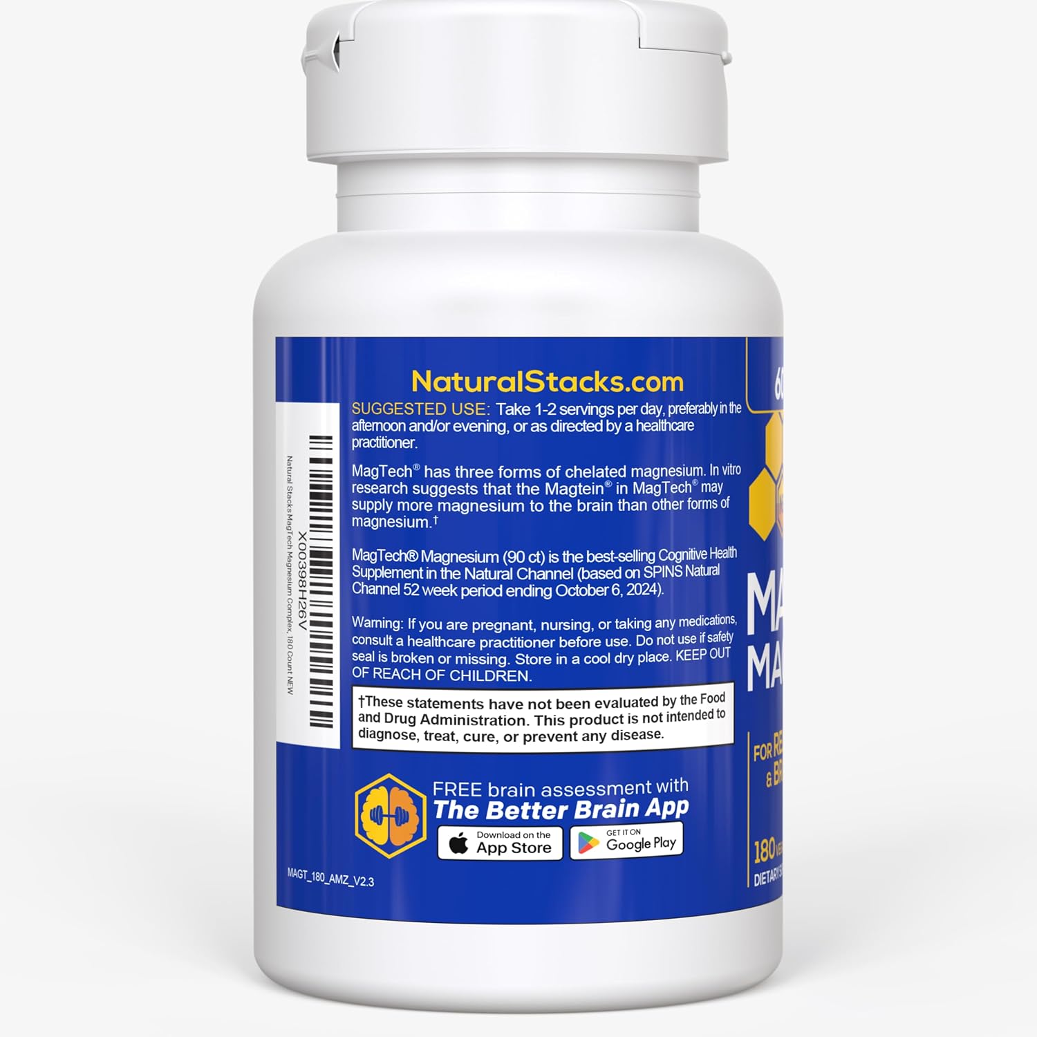 MagTech Magnesium Complex Glycinate, L-Threonate and Taurate, 90 Capsules | Advanced 3 in 1 200mg Chelated Triple Blend w/ Magtein - Supports Relaxation & Brain Health for Women & Men - Natural Stacks