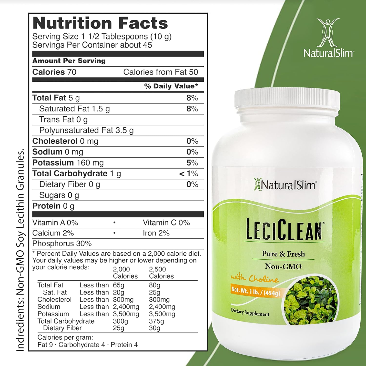 NaturalSlim Natural Soy Lecithin Granules with Choline, 1 Pound | Pure and Fresh Granulated Lecithin Supplement for Cleansing and Cognitive Support