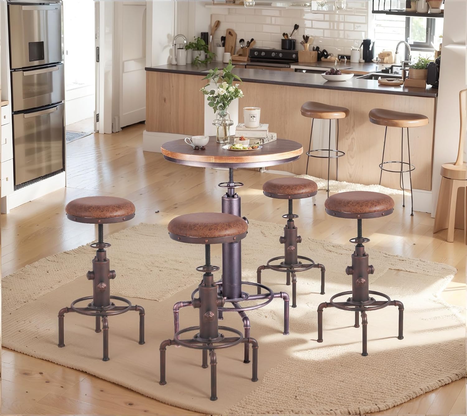 Topower Industrial Bar Table 32.3-38.2" Adjustable Pub Table Kitchen Dining Coffee Bistro Table (Red)
