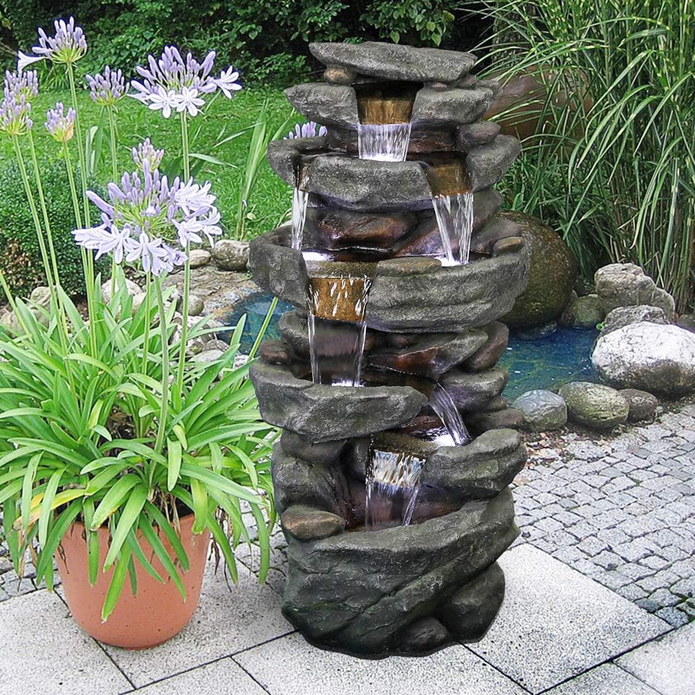 PeterIvan Outdoor Relaxing Waterfall - 6-Tier Fountain with 6 LED Lights, Stone-Liking Resin for Patio, Garden, House&Office (40.6in, Grey)