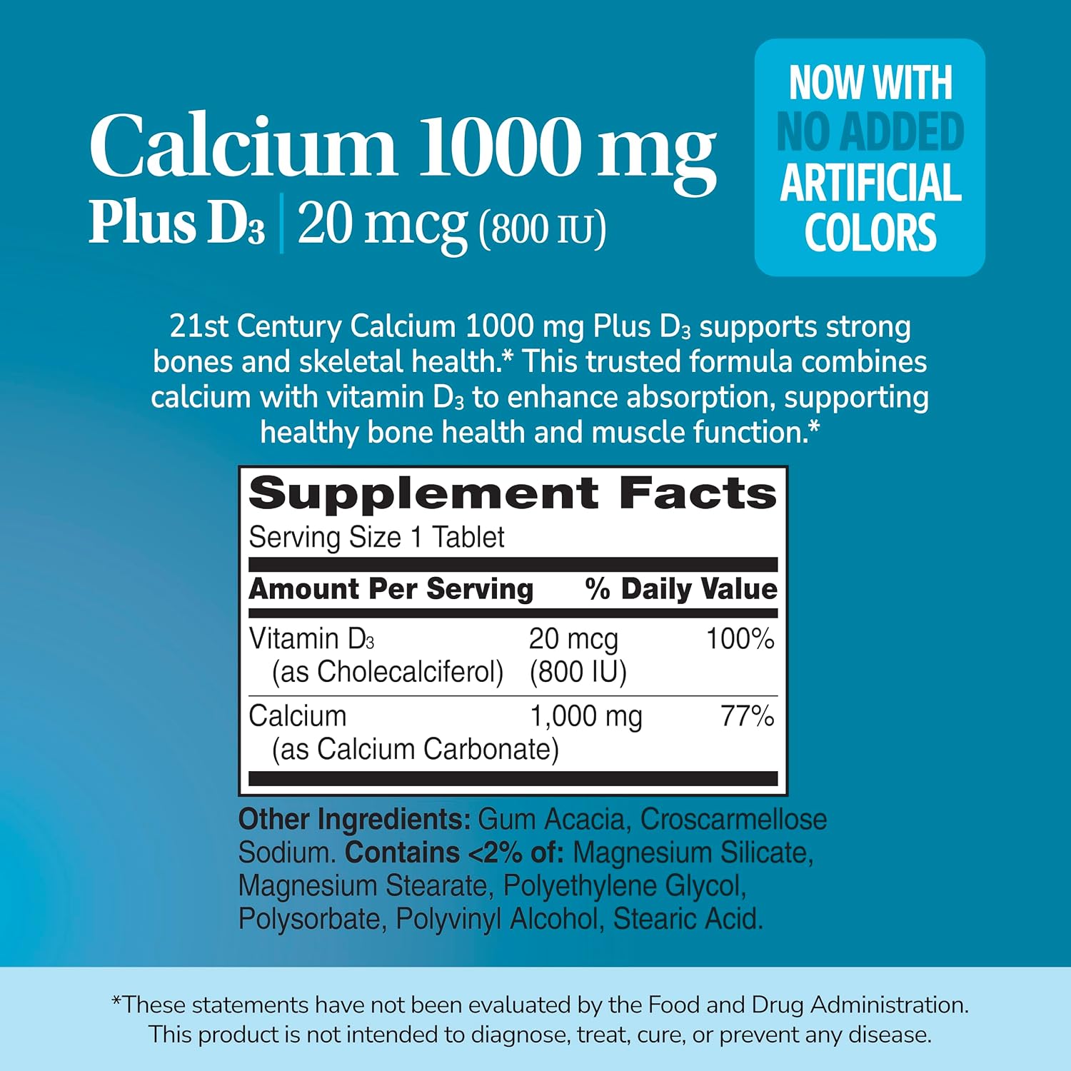 21st Century Calcium 1000mg Plus D3 Tablets, Bone Health, 90 Count | Calcium 1000 mg with Vitamin D3 20 mcg (800 IU), Bone Strength & Density Support, Daily Supplement for Men & Women