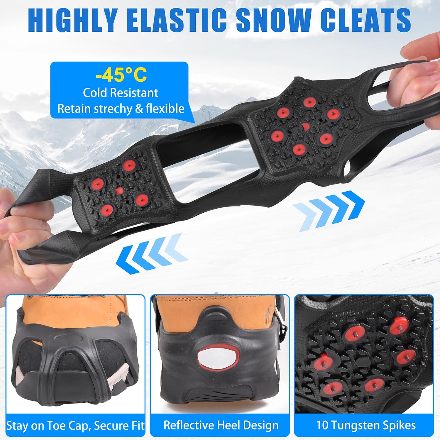 Ice Cleats Tungsten Crampons, Anti Slip Shoes Grippers with Reflective Heel, Ice Snow Cleats for Shoes and Boots Men Women Slip-on Overshoes Stretch Footwear