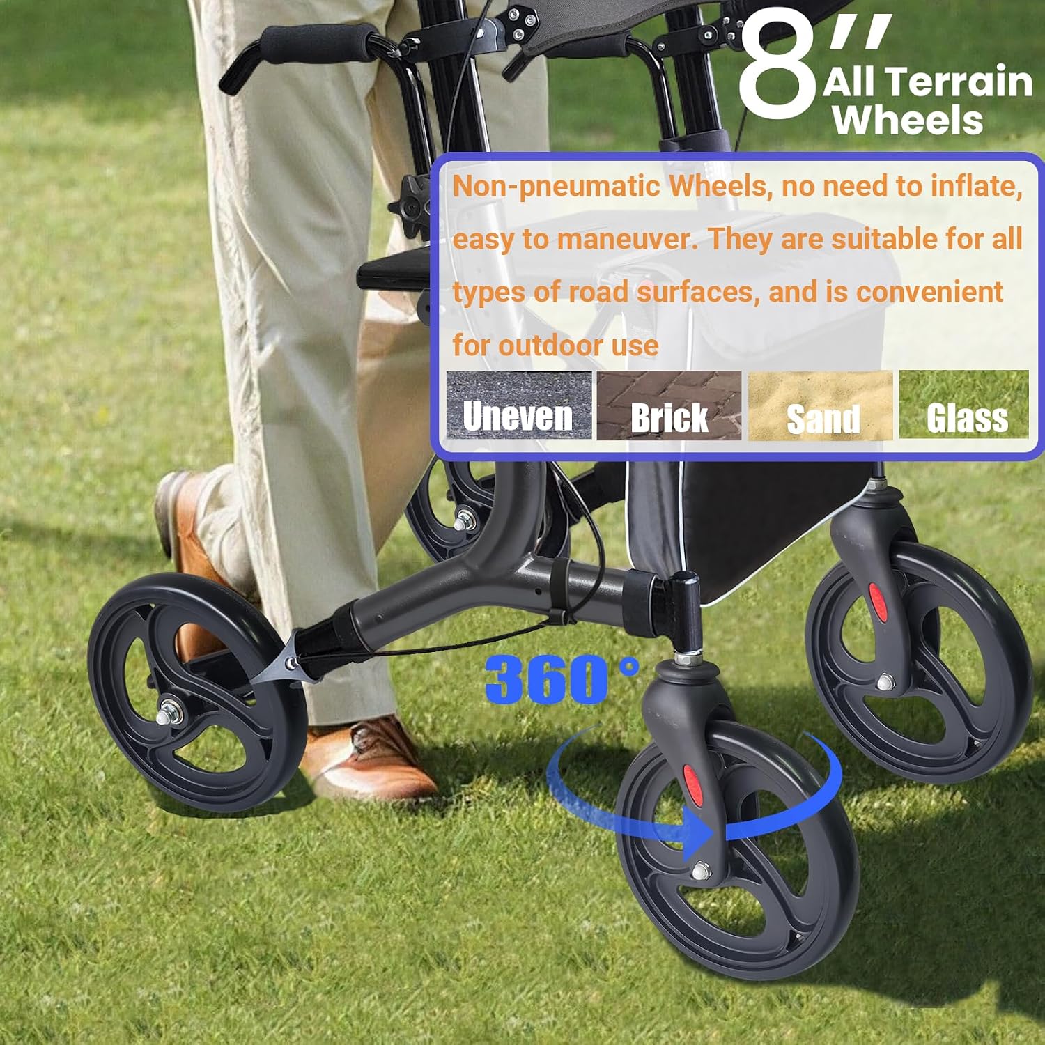 Aliseniors Upright Walker for Seniors - Big Stand Up Walker with Wide Seat, Foldable 4 Wheel All-Terrain Rolling Walker, Adjustable Armrests, 300lbs, Improves Posture & Reduces Back Strain | 20.6" Wide Seat, Foldable Rollator, 8" All-Terrain Wheels, Adju…