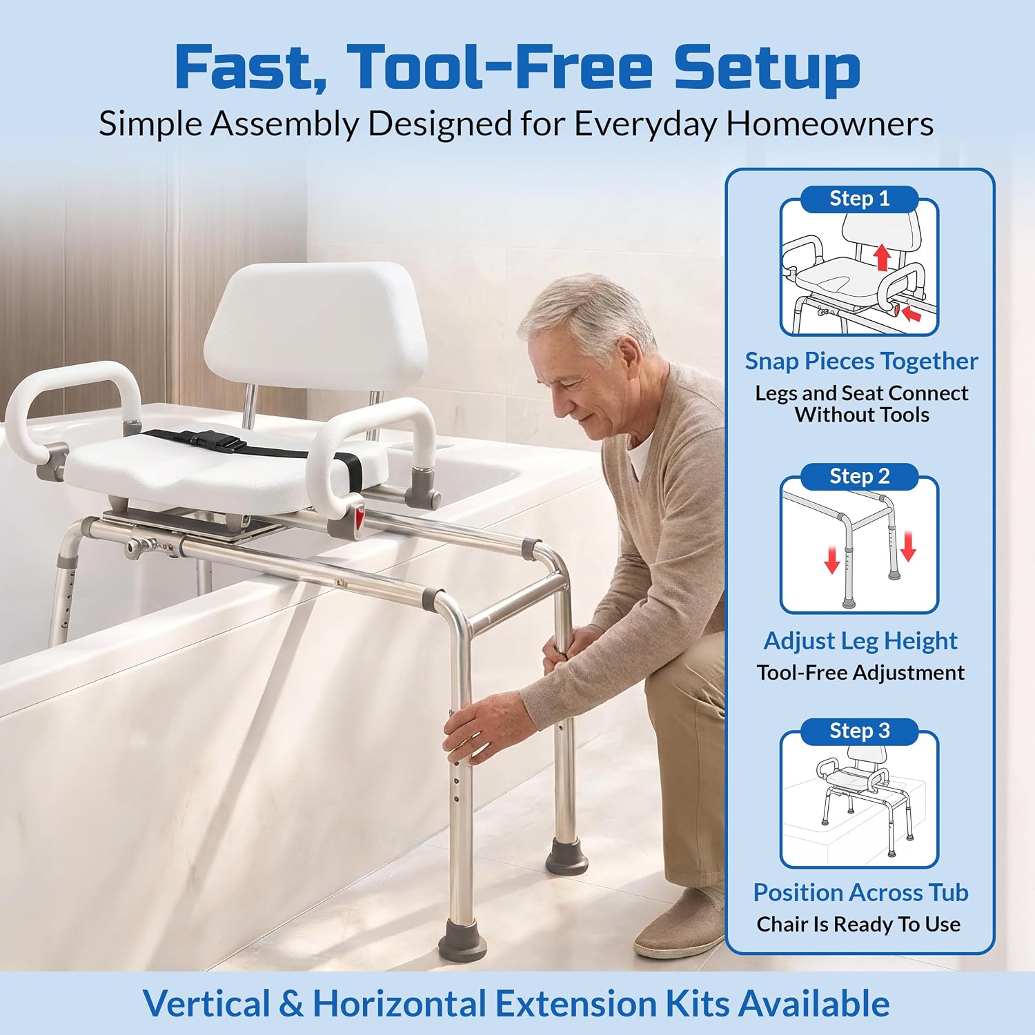 Carousel Sliding Shower Chair Tub Transfer Bench with Swivel Seat Elderly | Slide Safely In & Out of the Tub - Blue, padded seat, padded armrests, swivel seat, backrest, portable, tool-free assembly