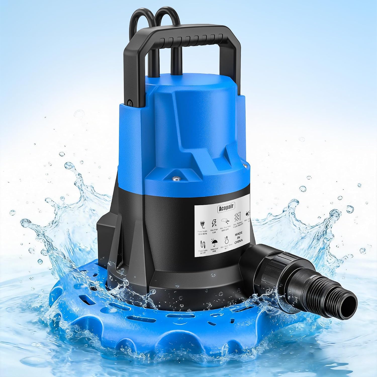 1 HP Automatic Swimming Pool Cover Pump, 5000 GPH Submersible Pumps with 3/4” Check Valve Adapter & 25ft Power Cord, Water Removal for Pool