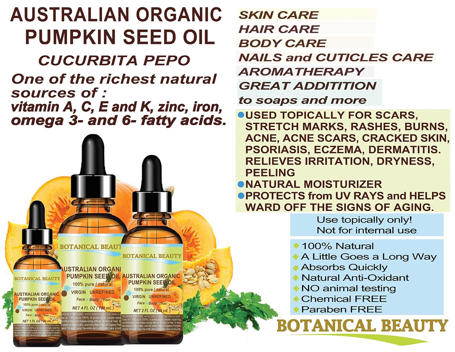 Botanical Beauty Australian ORGANIC PUMPKIN SEED OIL 100% Pure Natural Virgin Unrefined Cold Pressed Carrier Oil. 1 Fl.oz.- 30 ml. for Face, Skin, Hair, Lip, Nails