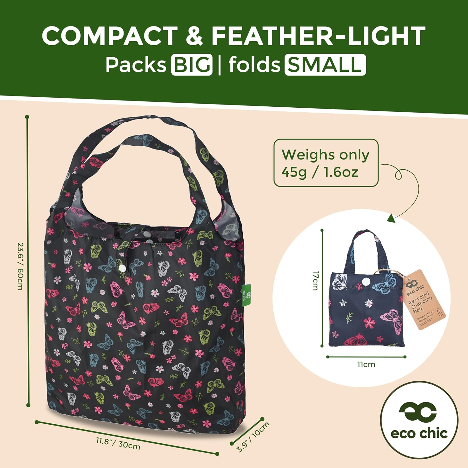 ECO CHIC Foldable Reusable Grocery Bags - Lightweight, Recycled & Reusable Shopping Bag - Waterproof Packable Tote