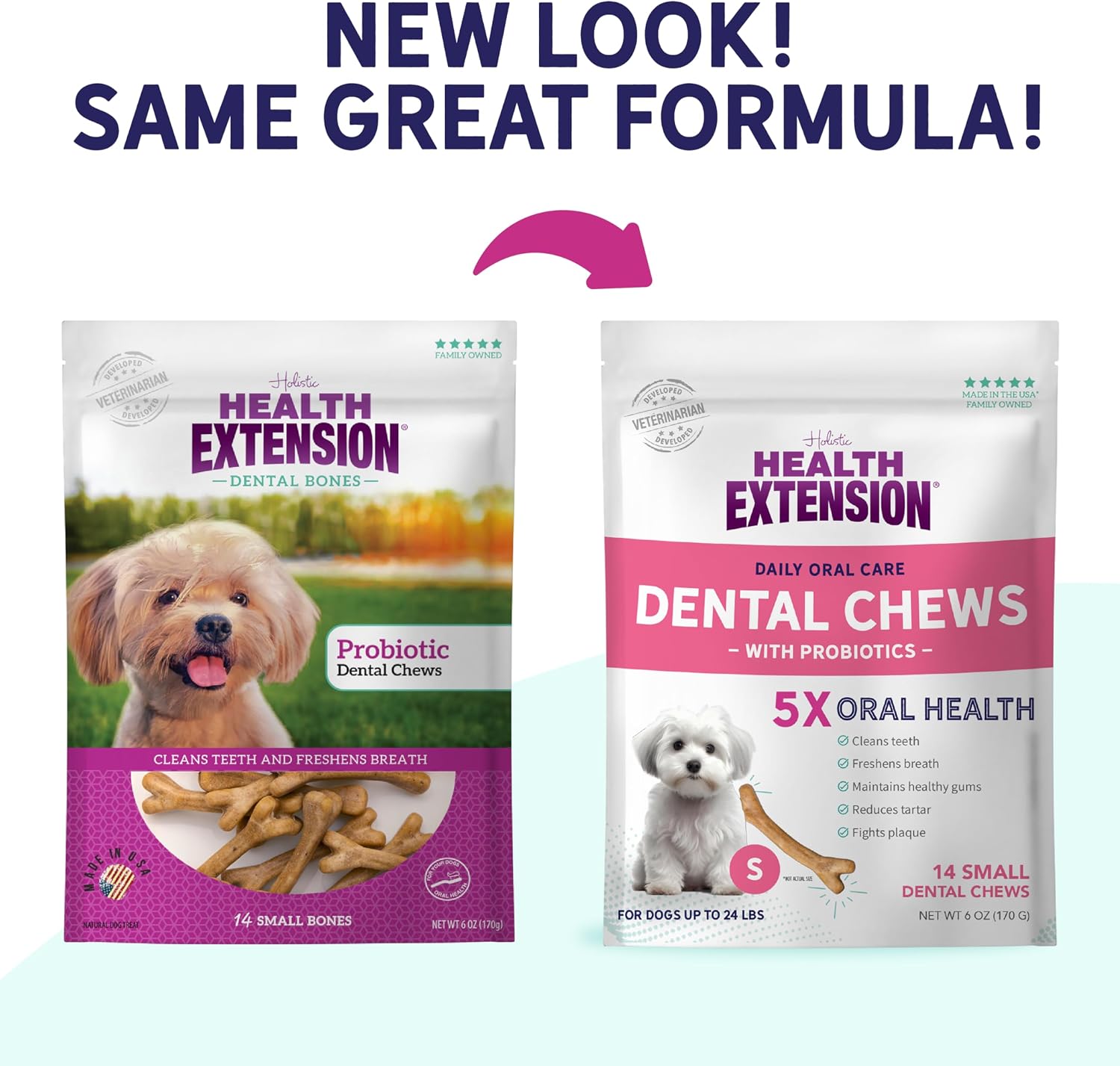 Health Extension Probiotic Dental Bones for Dogs, 14 Small Bones, Cleans Teeth, Healthy Gums, Freshens Breath, Training or Reward, 6 oz Bag (Pack of 1)