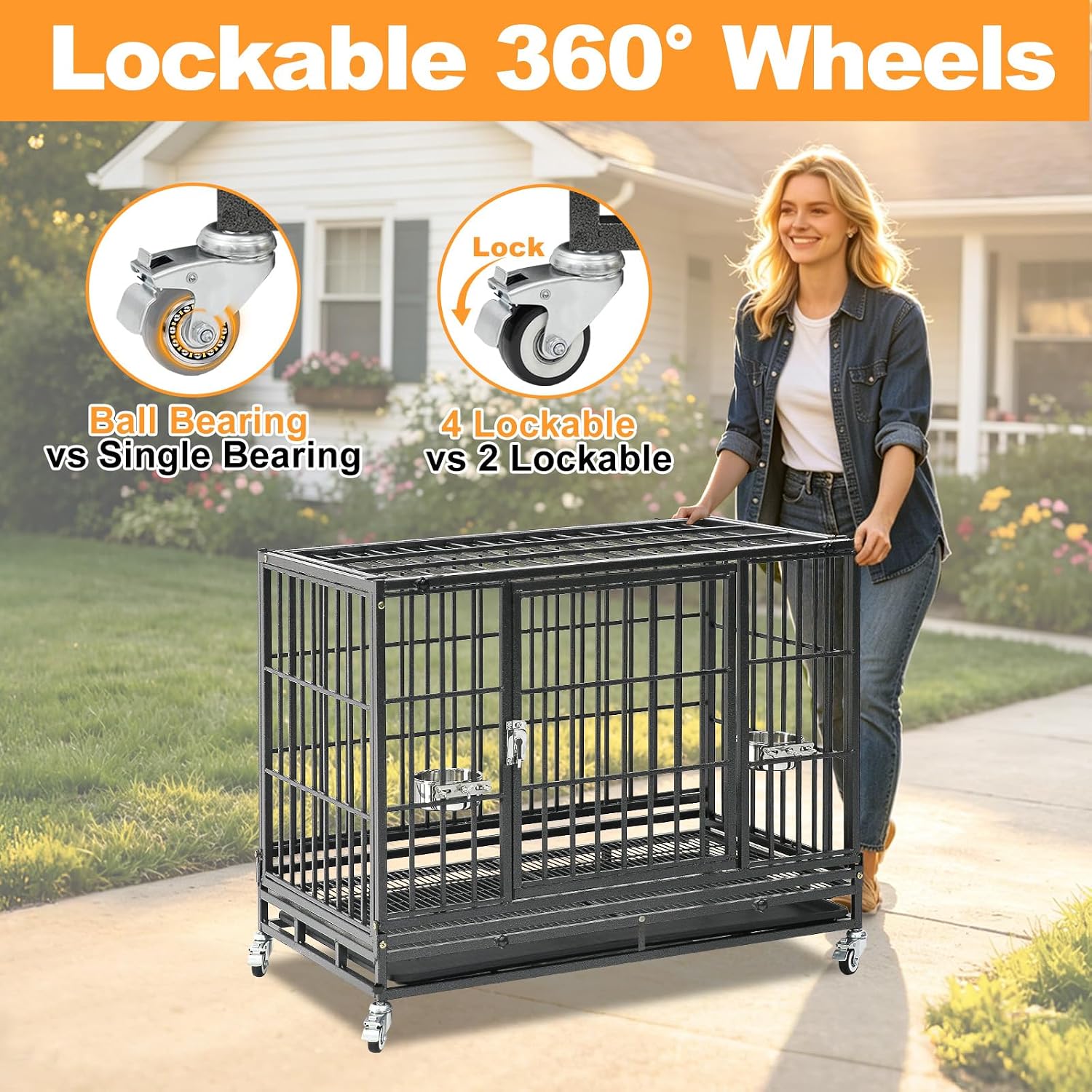 Homey Pet Three Tiers 43 inch Heavy Duty Dog Crate with Wheels, Dual Doors | Stackable Indestructible Steel Dog Cage Kennel Indoor with Divider, Trays, Bowls, Escape Proof Locks for Breeders and More