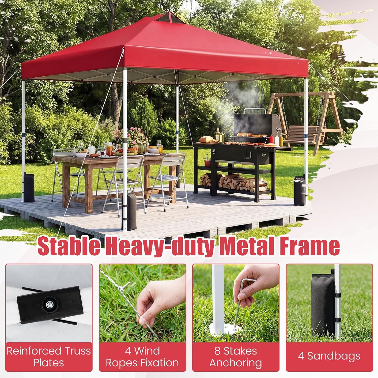 Tangkula 10 x10 Ft Pop Up Canopy with Center Lock, UPF 50+ One-Button Setup Outdoor Canopy Tent with Roller Bag, 4 Sand Bags, Heavy-Duty Steel Frame