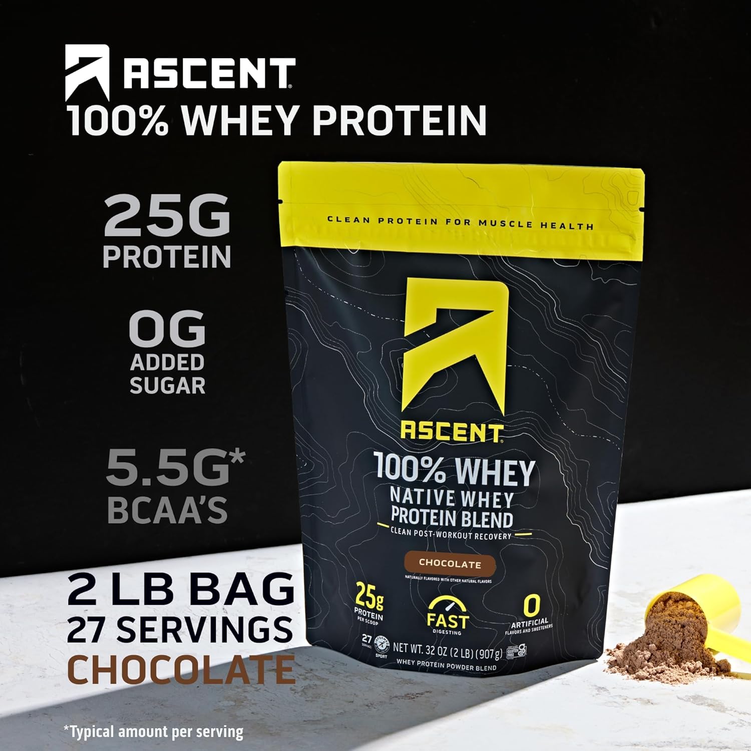 Ascent 100% Whey Protein Powder - Post Workout Whey Protein Isolate, Zero Artificial Flavors & Sweeteners, Gluten Free, 5.5g BCAA, 2.6g Leucine, Unflavored 2 lb