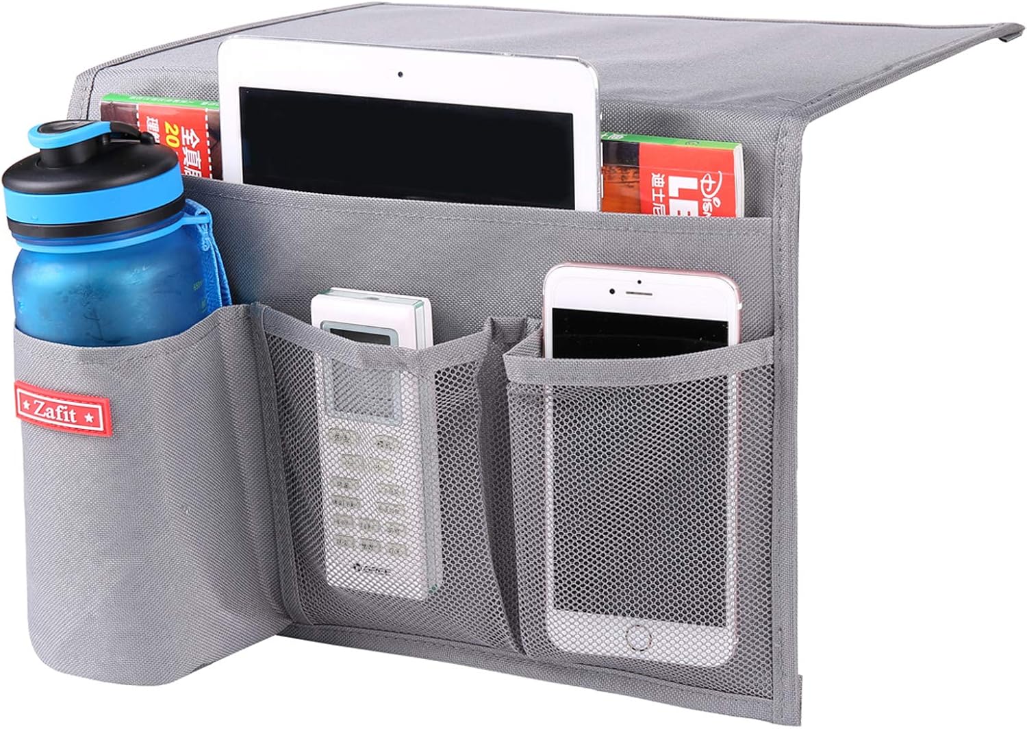 Zafit Bedside Storage Organizer, Table Cabinet Bedside Organizer Caddy for Remotes Phone Glasses (Classic 4 Pockets-Grey)