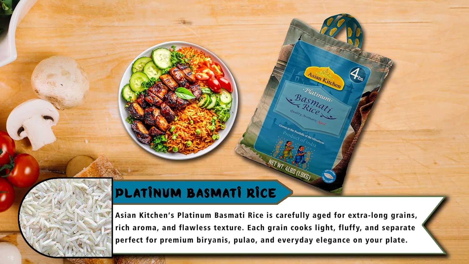 Asian Kitchen Platinum White Basmati Rice Extra Long Aged 20lbs (9.08kg) ~ All Natural | Gluten Friendly | Vegan | Indian Origin | Export Quality