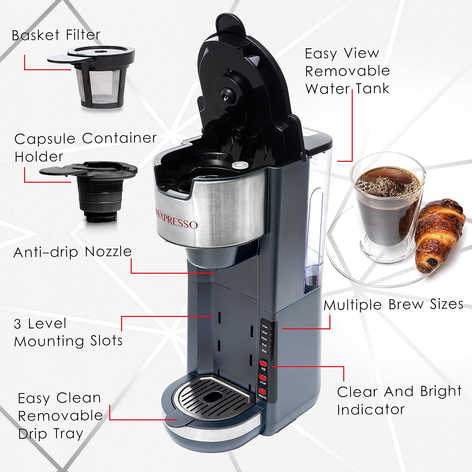 Mixpresso Black Single Serve Coffee Brewer K-Cup Pods Compatible & Ground, 30 oz Compact Coffee Maker Single Serve With 5 Brew Sizes Up To 14 Oz
