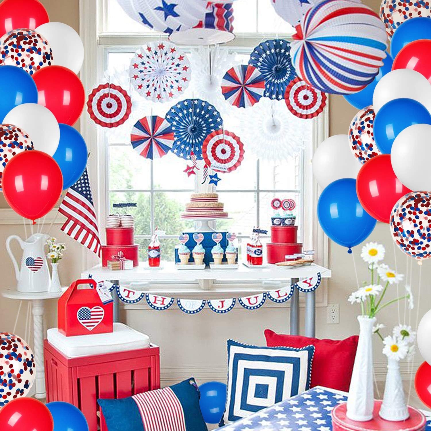 JOYYPOP 80 PCS Red White Blue Balloons 12 in with Confetti for 4th of July