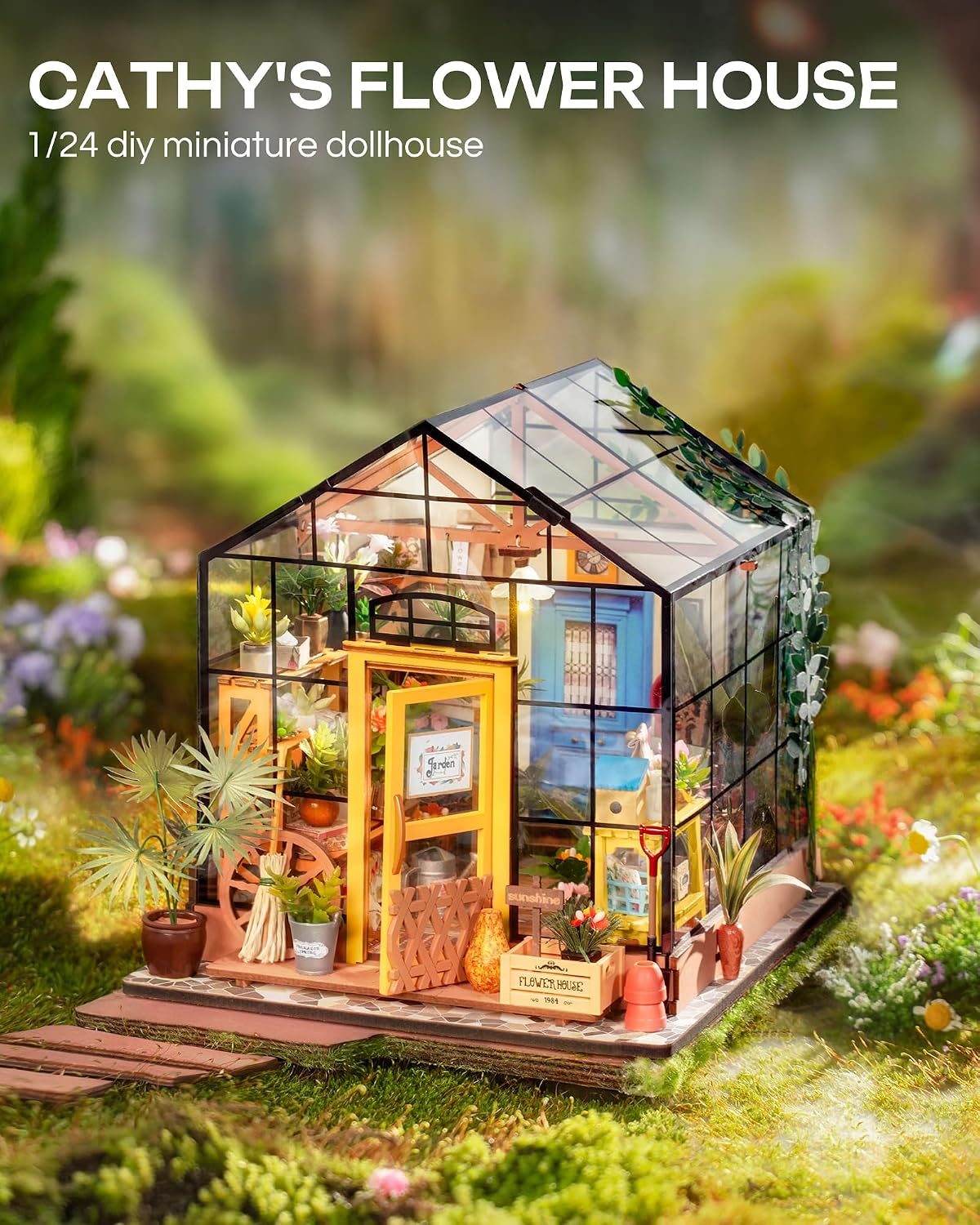 Rolife Greenhouse DIY Miniature Dollhouse Kit Creative Gift for Adults | 1:18 Scale Cathy's Flower House with LED Light, Wooden 3D Puzzle Model Kit