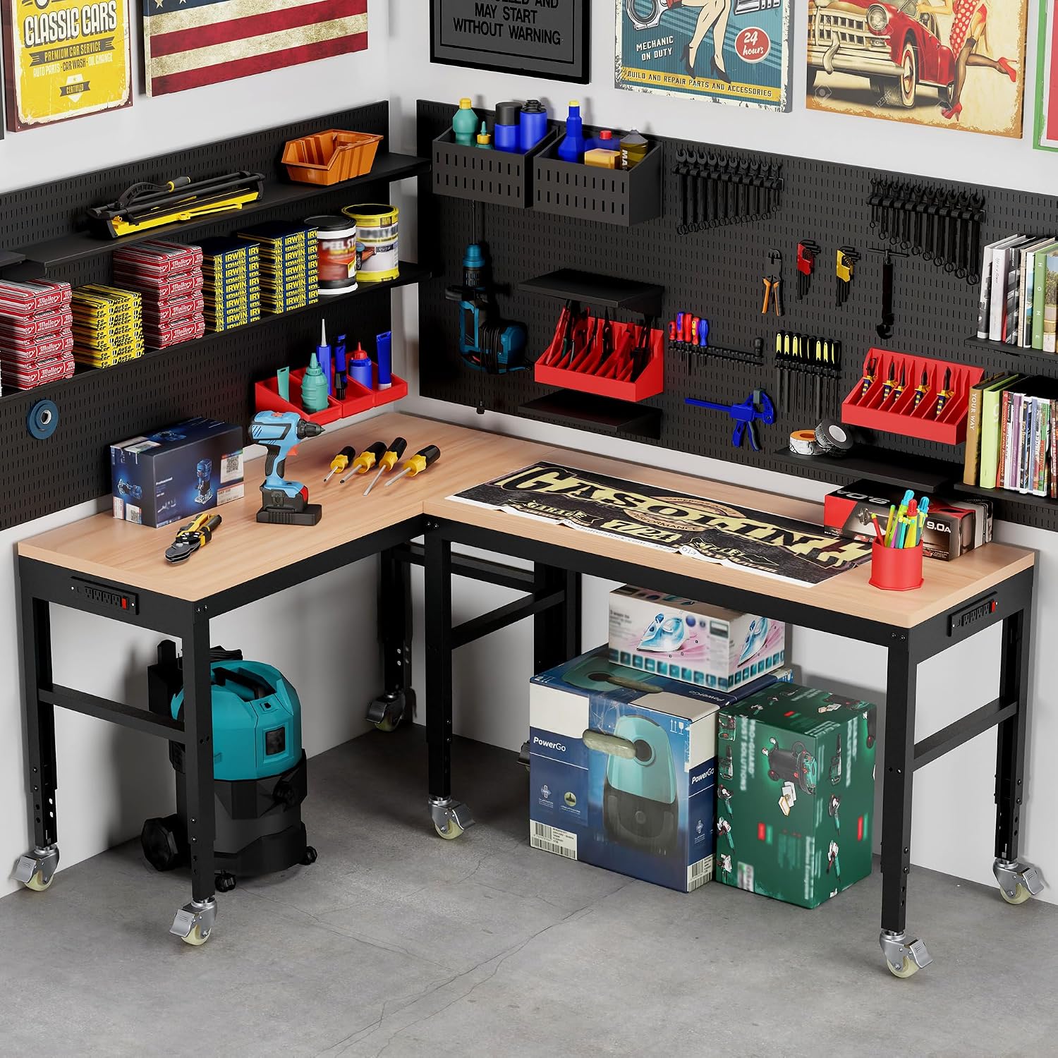 Antifir 60" Adjustable Workbench, Heavy Duty Wood Workstation | Garage Workbench, 2000 LBS Load Capacity, Work Table with Power Outlet and Foot Pads for Commercial, Workshop, Office, Home