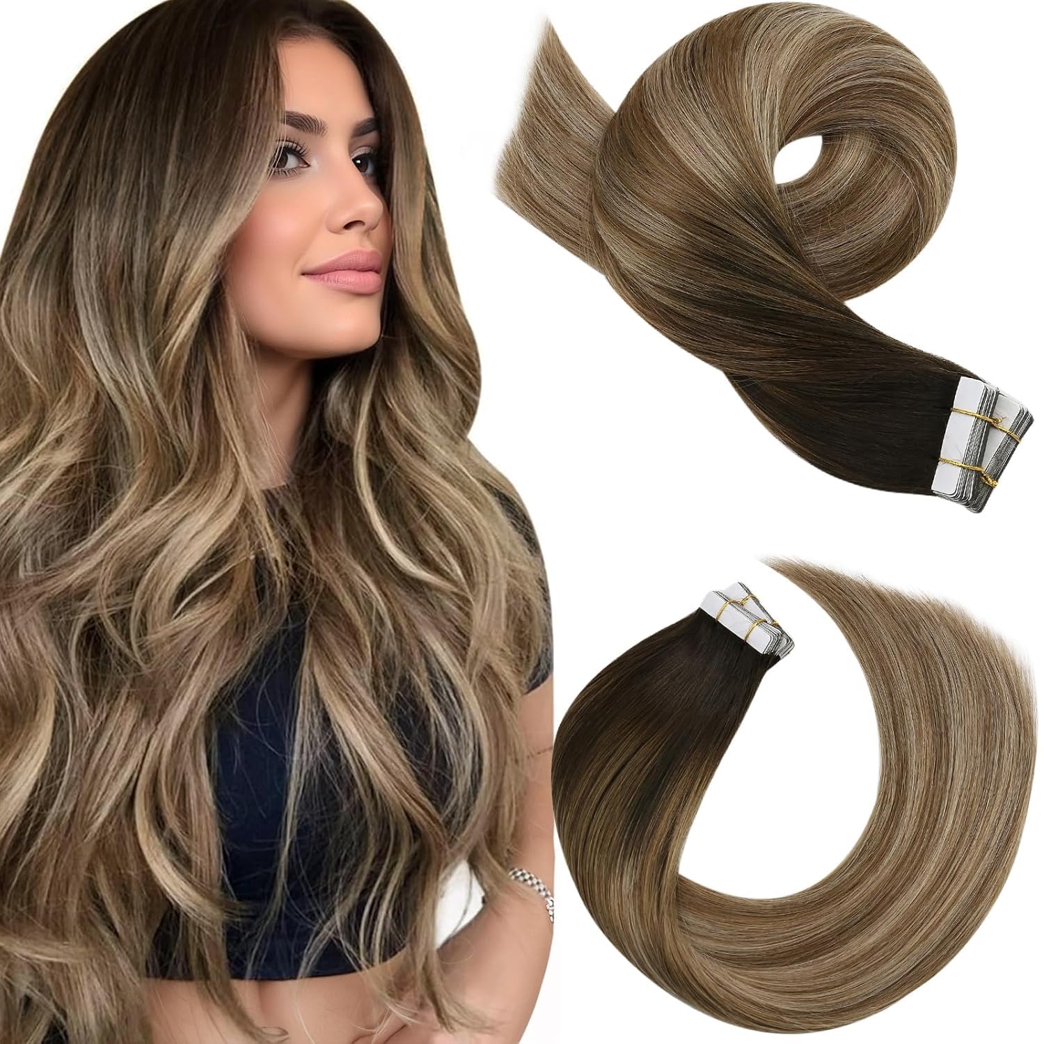 Moresoo Black Tape in Hair Extensions Human Hair, 18 Inch, 20Pcs, 50g