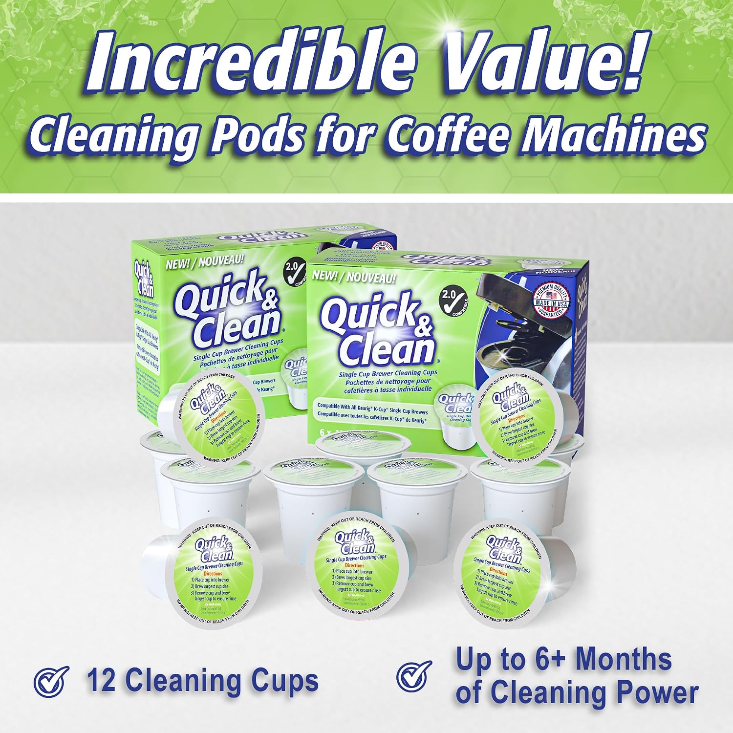 Quick & Clean [6-Pack] Keurig Cleaning Pods - K Cup Cleaner Pod For Keurig - 2.0 Coffee Machine Compatible, Removes Stains, Non-Toxic and Eco-Friendly