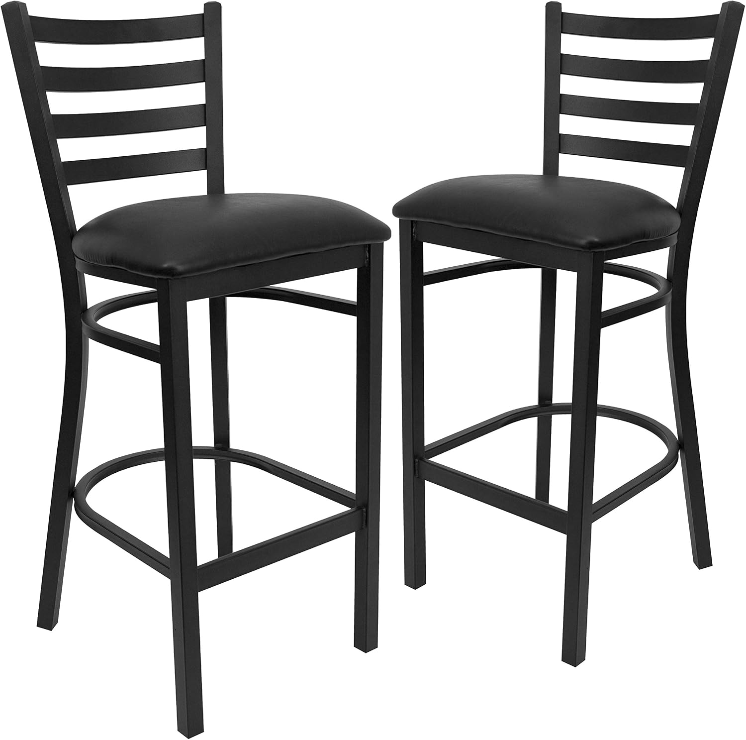 Flash Furniture Hercules Series Ladder Back Metal Restaurant Barstool, Modern Upholstered Armless Bar Height Chair for Restaurants and Kitchens, Black | Vinyl Upholstery, Durable Construction, Commercial Use