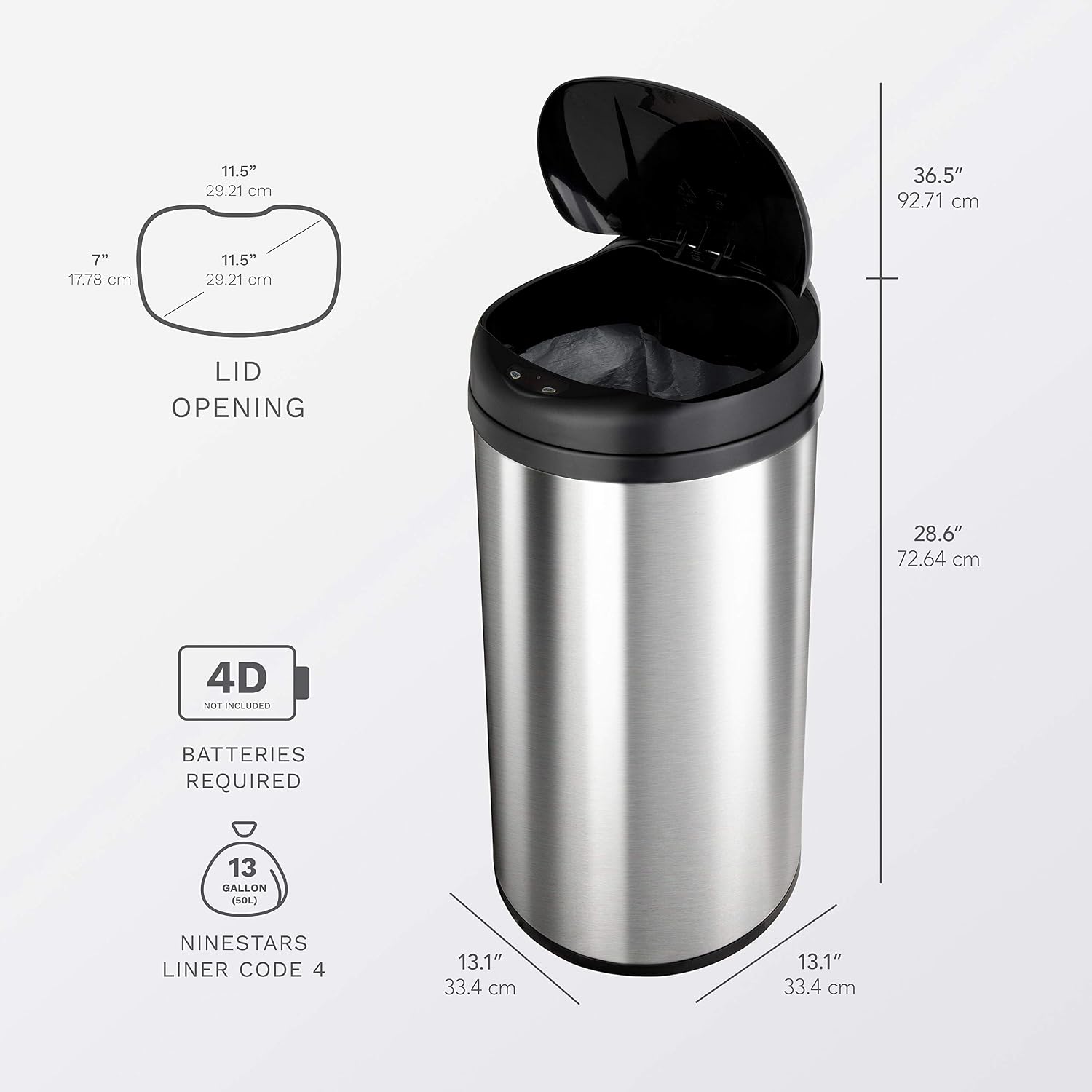 NINESTARS CB-DZT-50-98-1C Automatic Touchless Motion Sensor Oval & Rectangular Trash Can Combo Set, 13.2 Gal. 50 L. & 2.1 Gal.8 L., Stainless Steel